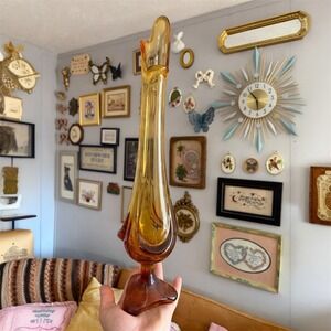 Vintage MCM Viking Glass Large 17" Amber Pedestal Epic Drape Swung Vase Retro